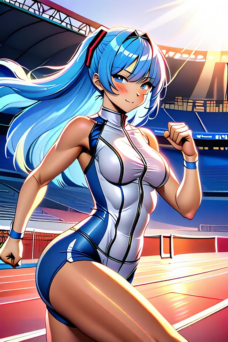 Azure Lane, a determined anime athlete, sprinting down the Olympic track's straightaway. The camera frames her in mid-stride, capturing her dynamic pose as she pumps her arms and flexes her toned legs. Soft sunlight casts a warm glow on her bright blue hair, which flows behind her like a banner of speed. The stadium's packed stands blur into the background as Azure Lane's focus is solely on crossing the finish line first.