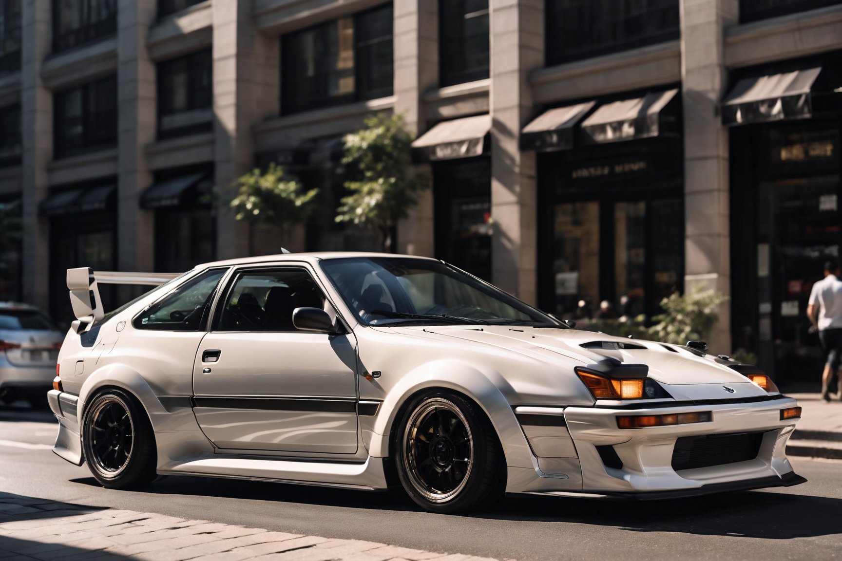 A gleaming black/white Toyota AE-86-inspired modern day hatchback design, car navigates down a bustling city street at high noon, bathed in radiant sunlight. The vehicle's sharp lines and angular shape are accentuated by black spoked wheels. In symmetrical profile, the front view points directly ahead, poised for action. Against the vibrant urban backdrop of towering skyscrapers and pedestrians, its sleek silhouette a testament to innovative design.