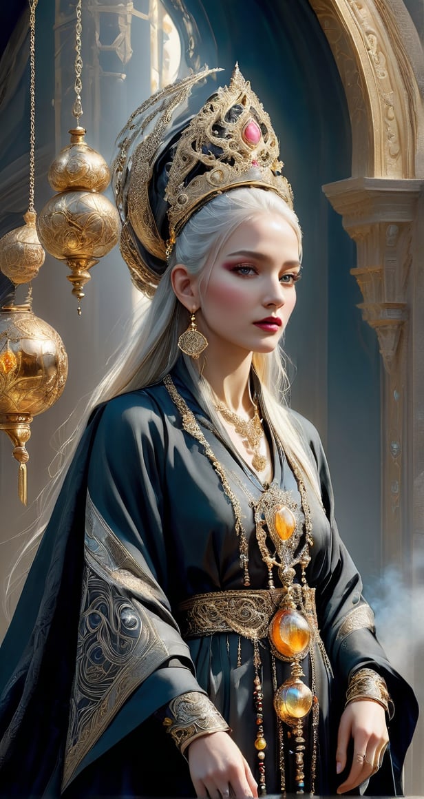 A beatiful full body portrait, female mage draped in a worn, Black-silver robe adorned with an assortment of intricate golden trinkets and shiny baubles, including chains and pendants. Her piercing gaze reflects ancient wisdom, hidden behind a fringe of silver hair. This vivid portrait, likely a detailed painting, captures the mage's enigmatic aura in stunning clarity. Every intricate detail, from the shimmering gemstones to the delicate etchings on her robe, showcases the artist's skill and attention to nuance. A masterful blend of mystery and elegance, this image promises to enchant any viewer with its mesmerizing allure. Full body portrait, resting,  8k resolution photorealistic masterpiece: by Aaron Horkey and Jeremy Mann: intricately detailed fluid gouache painting: by Jean Baptiste Mongue: calligraphy: acrylic: watercolor art, professional photography, natural lighting, volumetric lighting maximalist photoillustration: by marton bobzert: 8k resolution concept art intricately detailed, complex, elegant, expansive, fantastical, style,SteelHeartQuiron character,Movie Still,Film Still