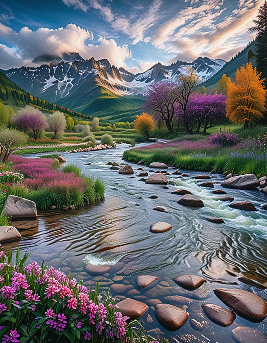 A beautiful fantasy landscape, with mountains and trees, and a majestic sky with white clouds, a lake can be seen that has fast flowing water showing river rapids,  reflecting the sky, the grass is green and dark purple like lavenderfield, red/orange /yellow/ blue flowers that brings magic to the place, it was morning day , ((Slow camera shutter speed)),  cinematic 8k photography shot by Sony cameras, ultra realistic,more detail XL