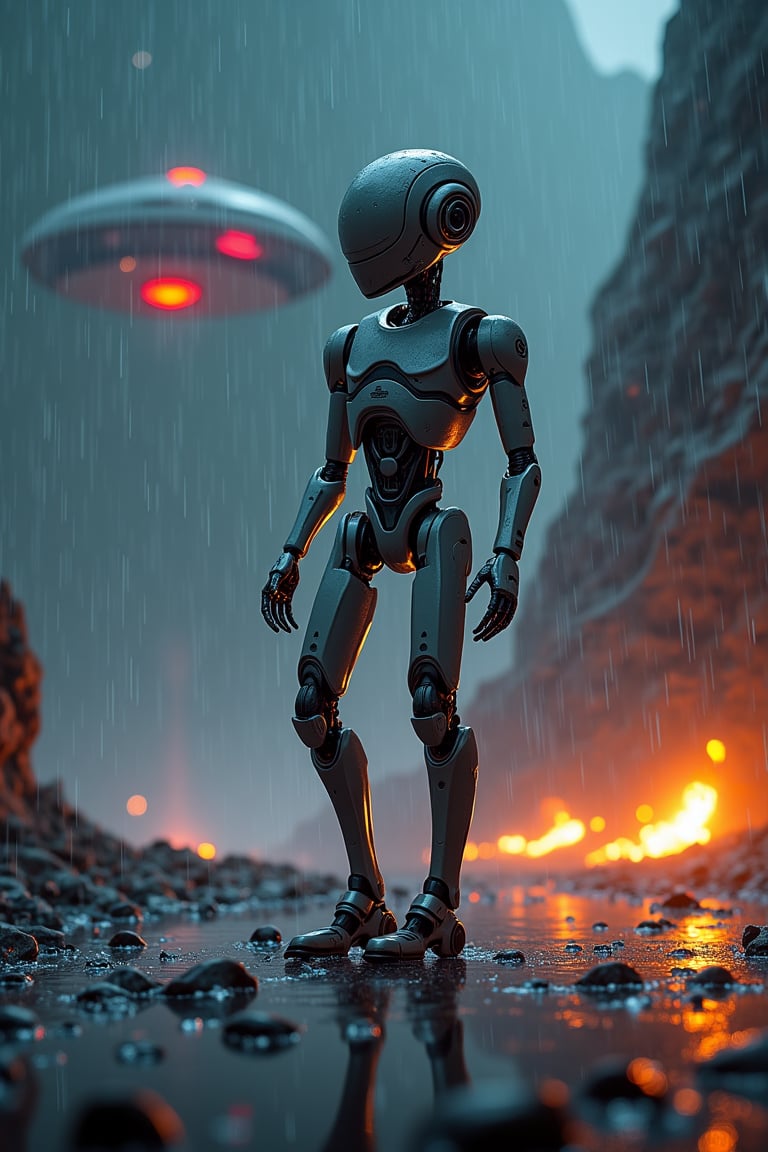   A Star wars droid world at night with great attention to detail, a futuristic space ship landing and taking off, at night in the rain. detailed, dynamic beautiful pose, dynamic pose, natural light, ((realistic)) quality: 1.2), dynamic distance shot, cinematic lighting, perfect composition, super detail, masterpiece, (best) quality: 1.3), reflection, high resolution CG Unity 8K wallpaper, simple background, masterpiece, (photorealistic): 1.2), random angle, side angle, full body,