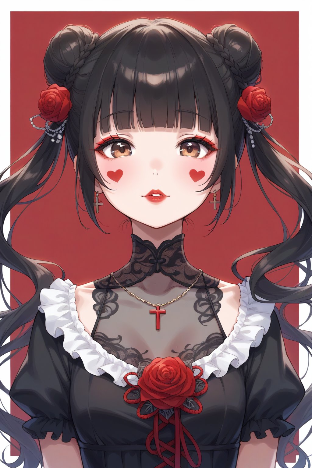 dal-1, 1girl, solo, looking at viewer, short hair, black hair, hair ornament, dress, closed mouth, jewelry, twintails, brown eyes, upper body, flower, heart, frills, parted lips, blunt bangs, hair flower, necklace, hair bun, black dress, eyelashes, clothing cutout, tattoo, double bun, makeup, border, rose, facial mark, portrait, cross, red flower, white border, red background, lace, red rose, red lips, red theme, heart tattoo, heart facial mark
,CONCEPT_irezumi_YakuzaTattoo_ownwaifu,score_9