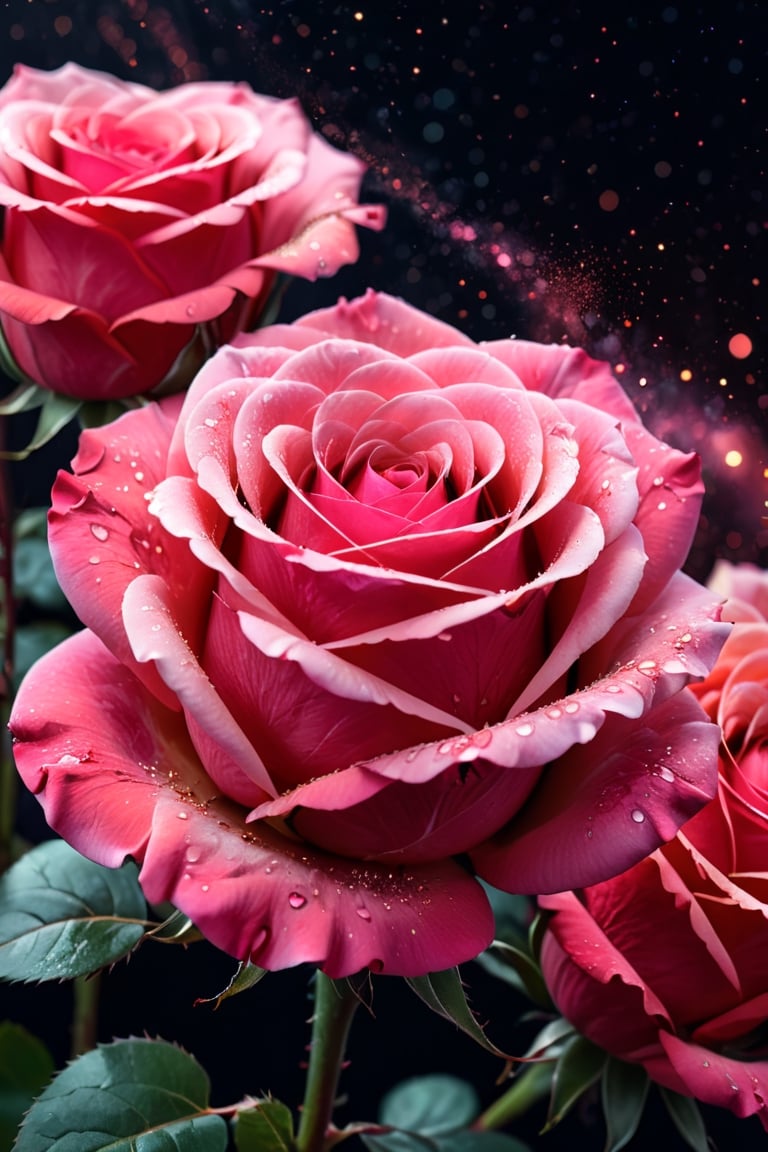 close up roses (( teat shape)) , (red, pink dust  ) , detailed focus, deep bokeh, beautiful, dreamy colors, black dark cosmic background. Visually delightful ,3D,more detail XL , 