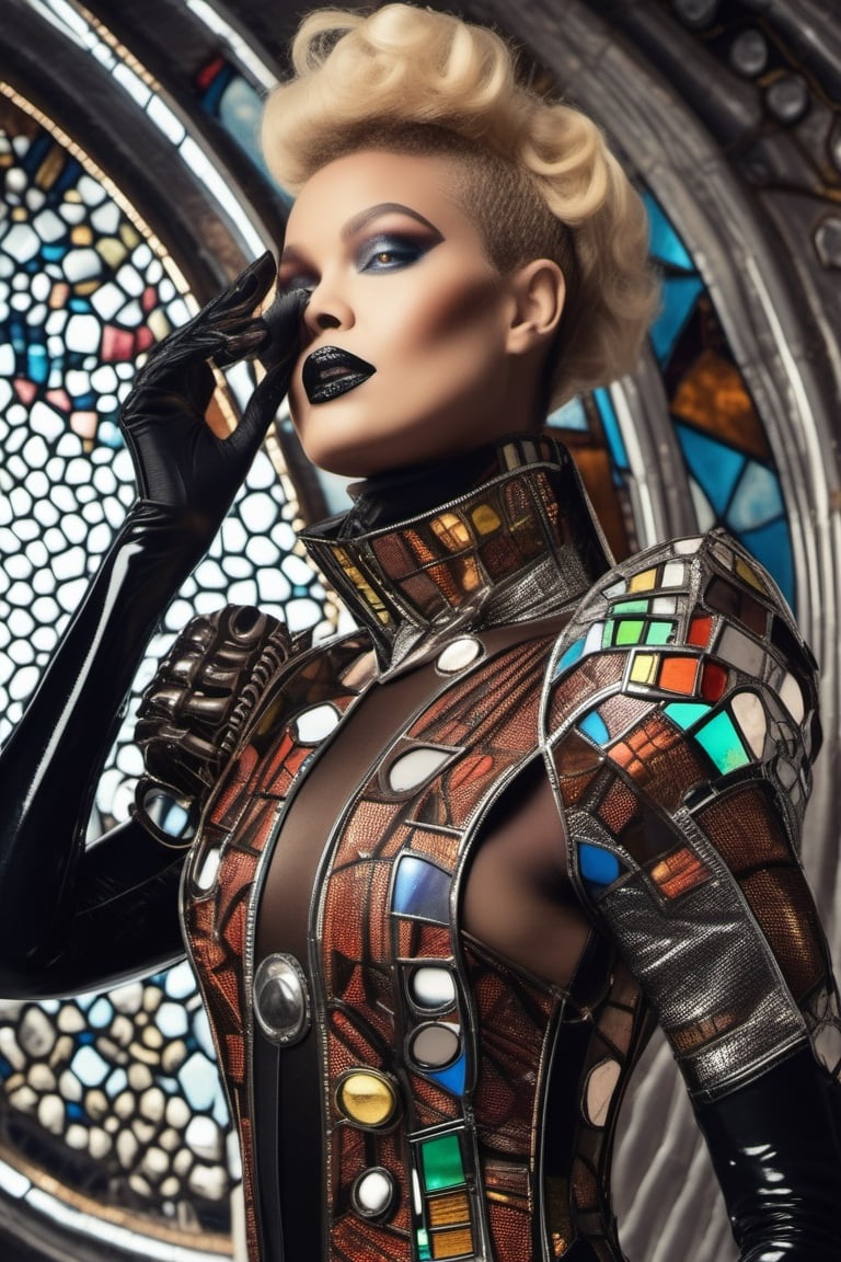 retro-futuristic queen wearing a whole body rubbersuit with metal contraptions and stained glass fashion photo shoot