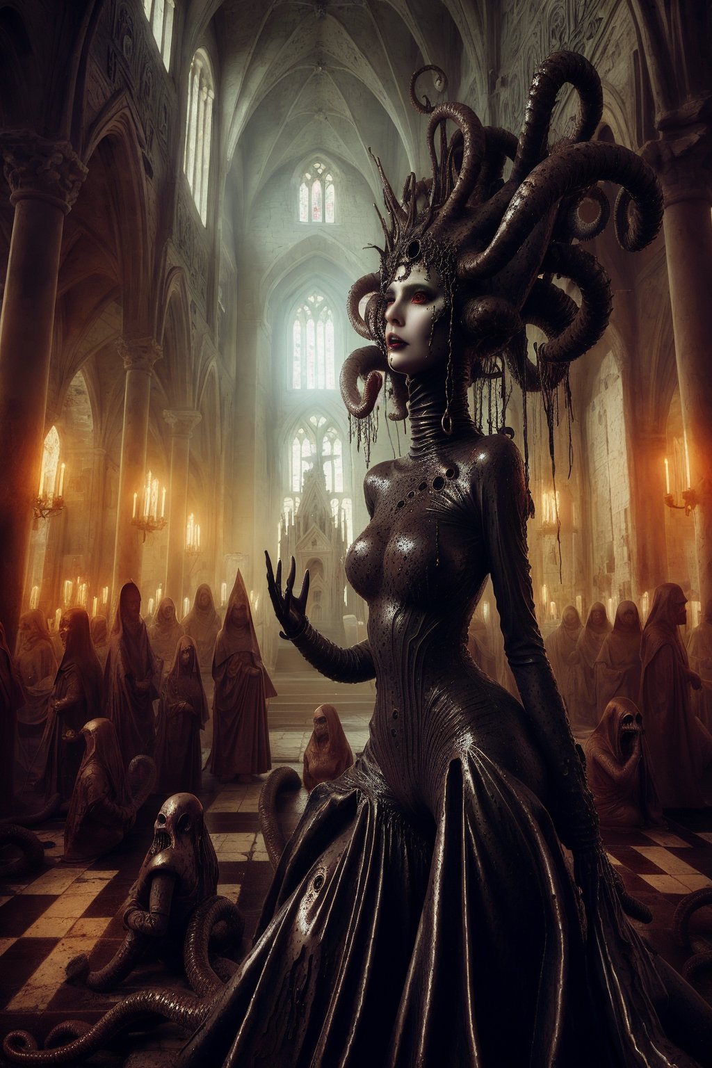 a mixture of lovecraftian horror and dark fantasy style picture of ancient goddess that represents the chaos reborn madam goobash wholebodyrubbersuit in the surroundings of ancient unholy cathedral with her  congregation a fashion photo shoot