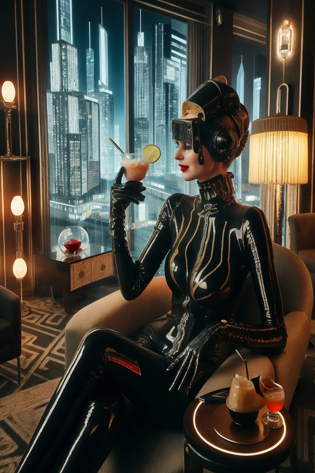 berlin megacity retro-futuristic with styles of jugend and art deco a living room woman enjoying a delicious coctail in stylish surroundings with state of the art furnitures and lights,she is wearing bizarre obscure wholebodyrubbersuitwithaccessories fashion photo shoot