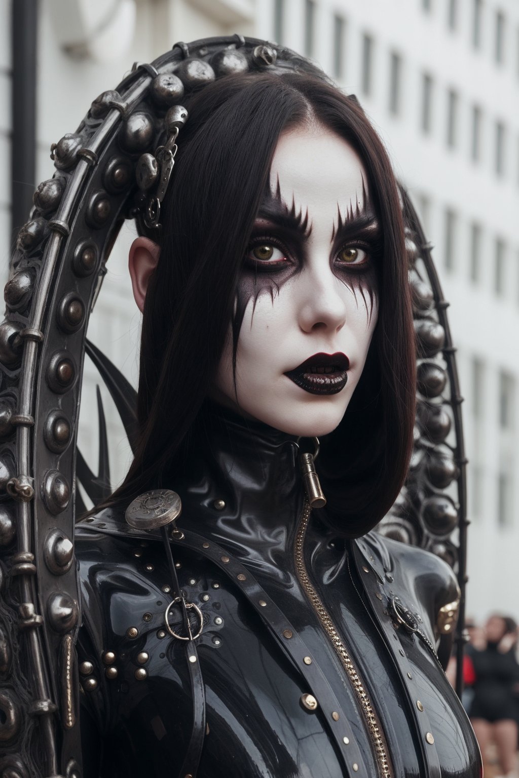 woman wearing whole body rubbersuit with straps and metal parts,she looks like pale demon,fantasy clothes obscure fantasy