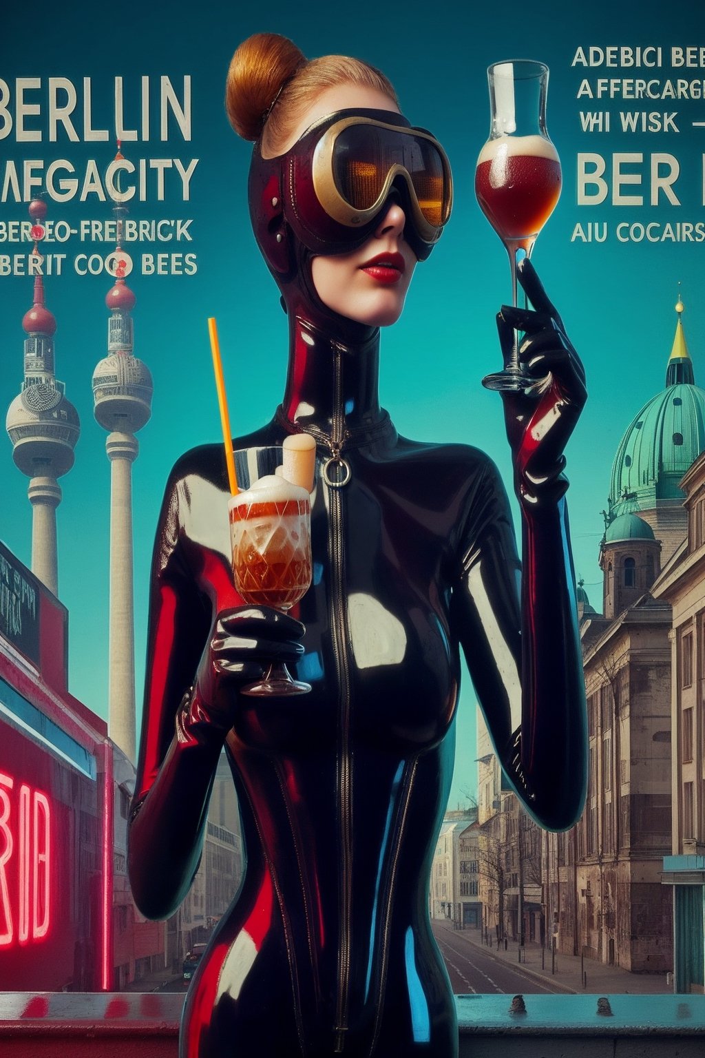 berlin megacity retro-futuristic and a strange aeon bar beer wine and fine whiskeys and coctails,she is wearing bizarre obscure wholebodyrubbersuitwithaccessories  fashion photo shoot