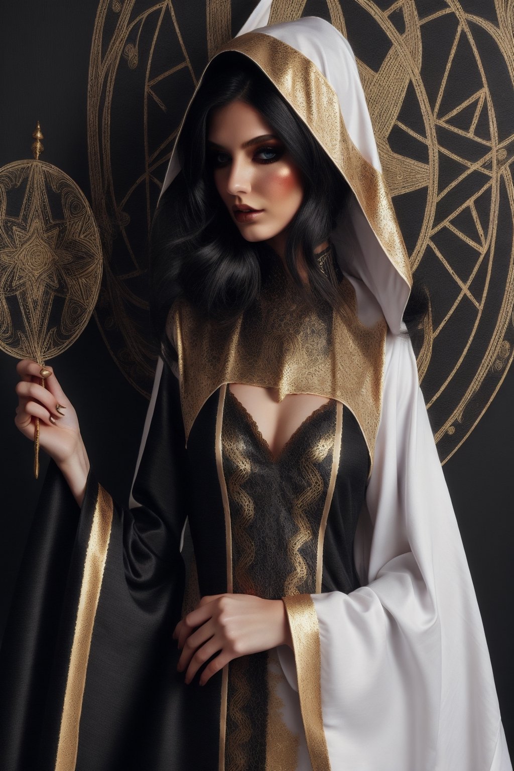 female sorceress mystic robes colored half black and half white with golden outlines fashion photoshoot