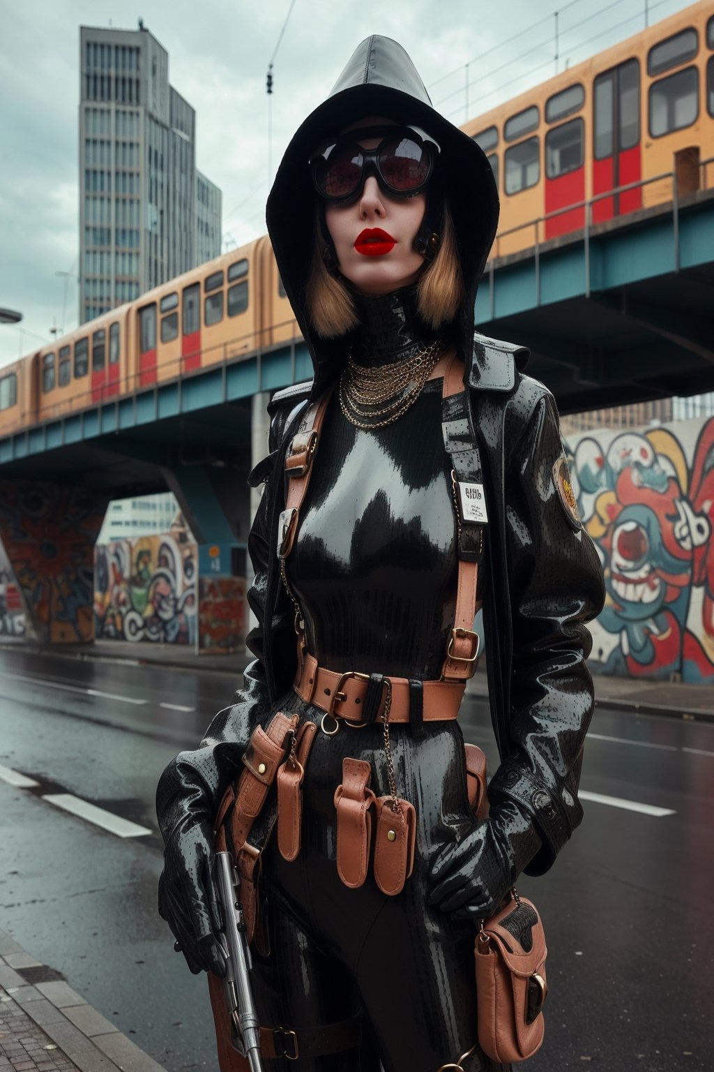 berlin megacity retro-futuristic  gangster ,she is wearing bizarre obscure wholebodyrubbersuitwithaccessories  fashion photo shoot