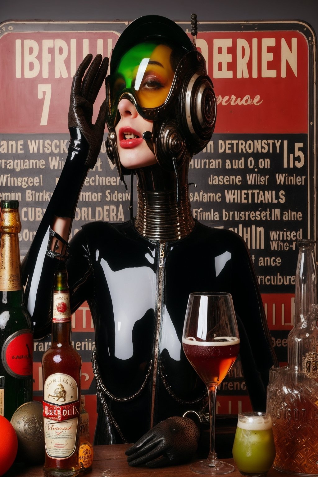 berlin megacity retro-futuristic and a strange aeon bar beer wine and fine whiskeys and coctails,she is wearing bizarre obscure wholebodyrubbersuitwithaccessories  fashion photo shoot
