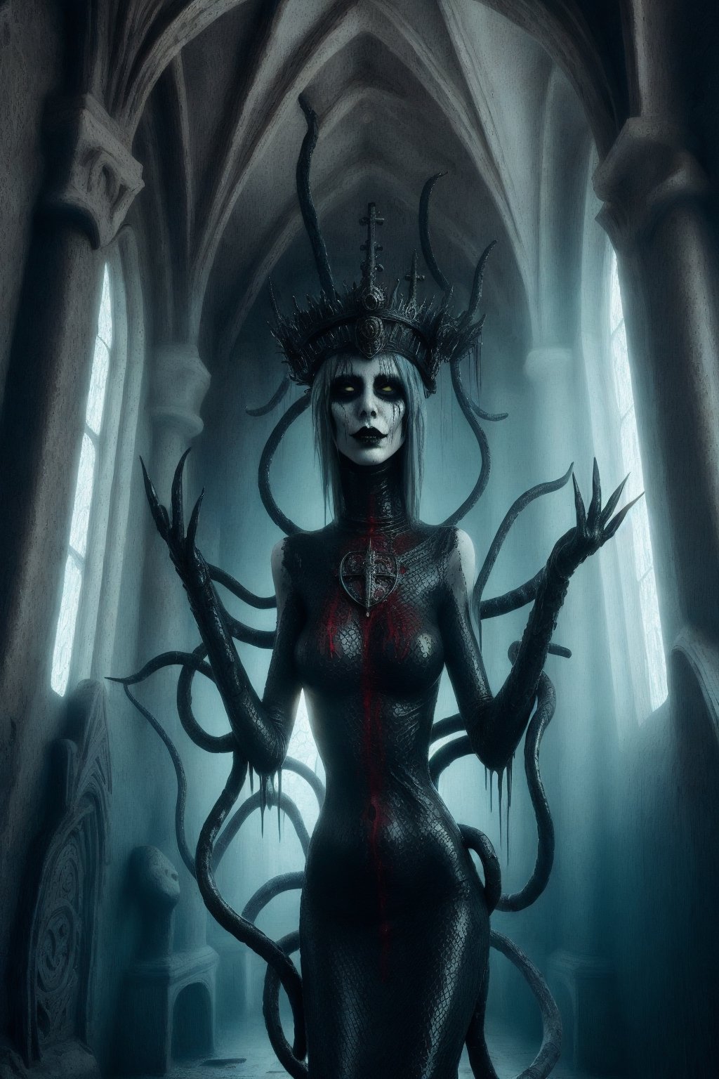 aeon old strange cathedral with occult signs and paintings sinister atmosphere surrounding the area with creepy slithering mist and eerie light a woman wearing black red ice blue and repulsive green wholebodyrubbersuitofaancient priestes with entwined dark metal crown fashion photo shoot becoming lich queen