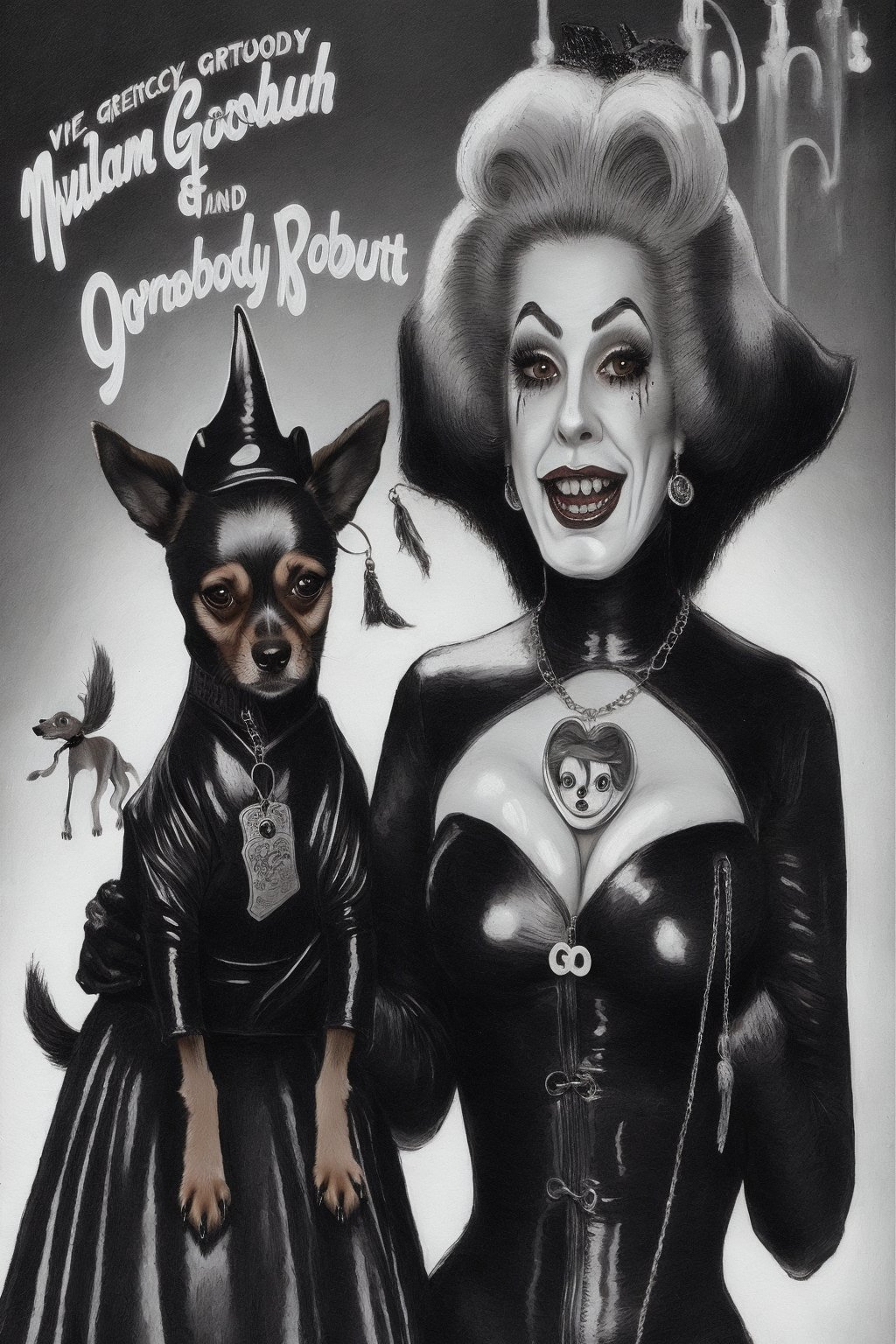 madam goobash and and her demonic chihuahua wearing the latest and greates of fashion in wholebodyrubbersuit girls night out 1800´s vintage add