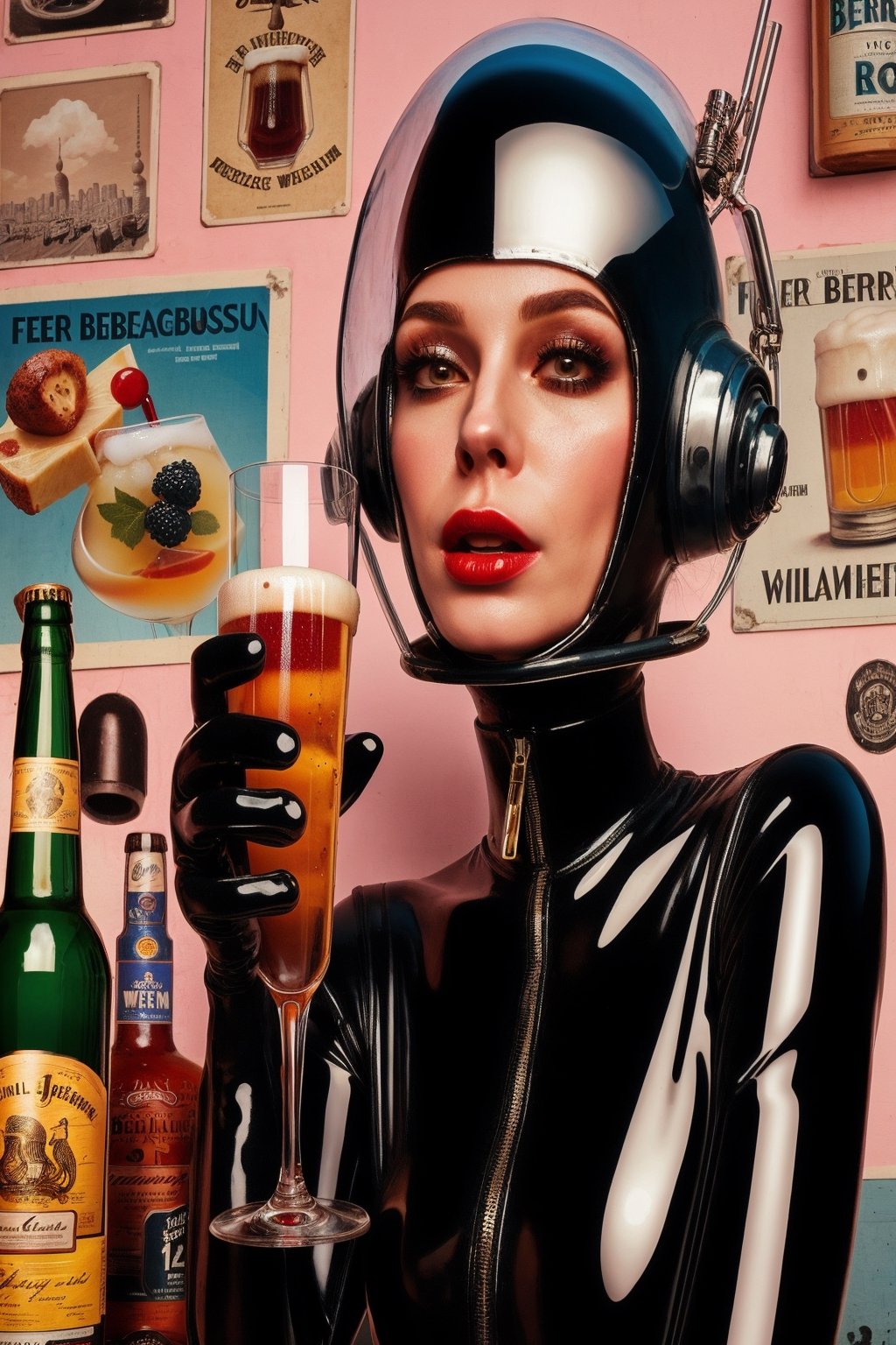 berlin megacity retro-futuristic and a strange aeon bar beer wine and fine whiskeys and coctails,she is wearing bizarre obscure wholebodyrubbersuitwithaccessories  fashion photo shoot