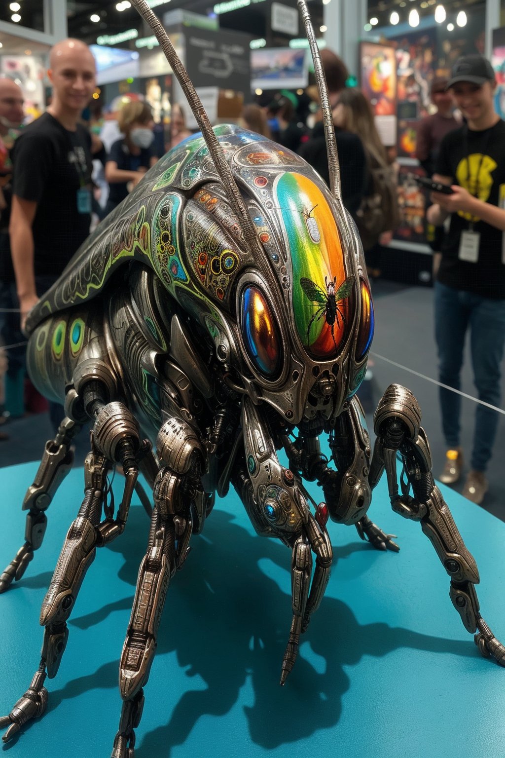 metallic cybernetic insect with killer paintjob on display