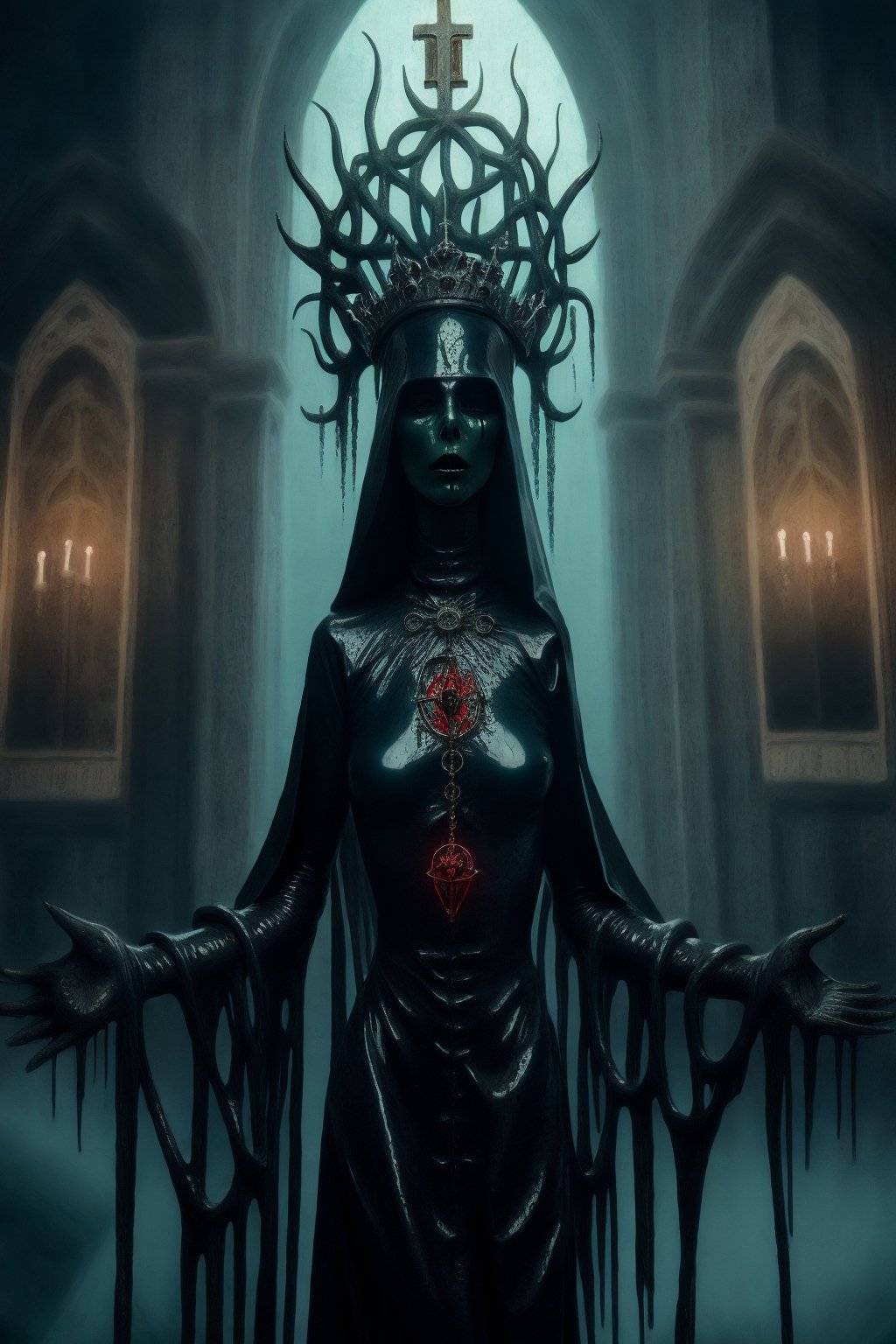 aeon old strange cathedral with occult signs and paintings sinister atmosphere surrounding the area with creepy slithering mist and eerie light a woman wearing black red ice blue and repulsive green wholebodyrubbersuitofaancient priestes with entwined dark metal crown fashion photo shoot becoming lich queen