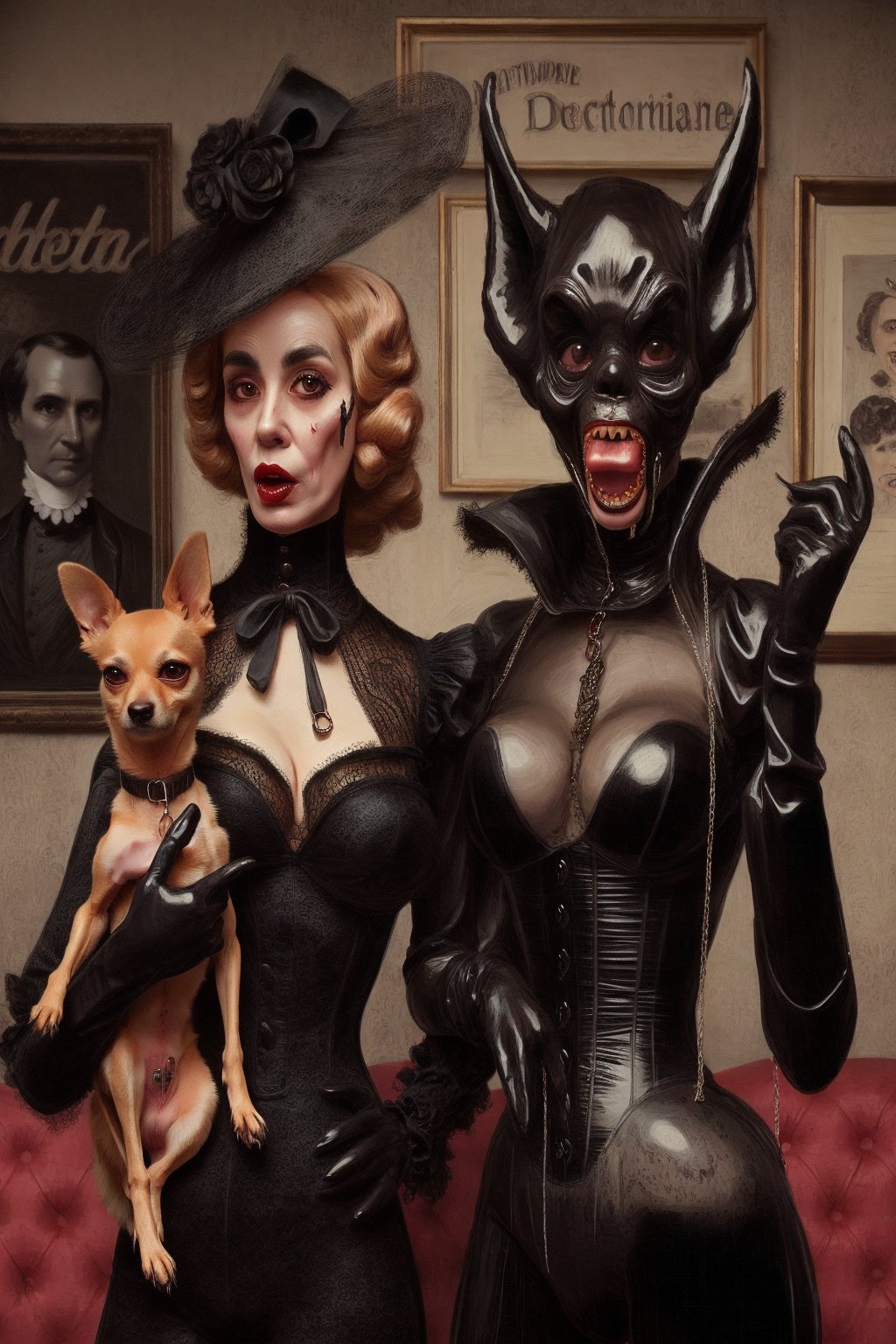 madam goobash and and her demonic chihuahua wearing the latest and greates of fashion in wholebodyrubbersuit victorian era  spicy and juicy 1800´s vintage add