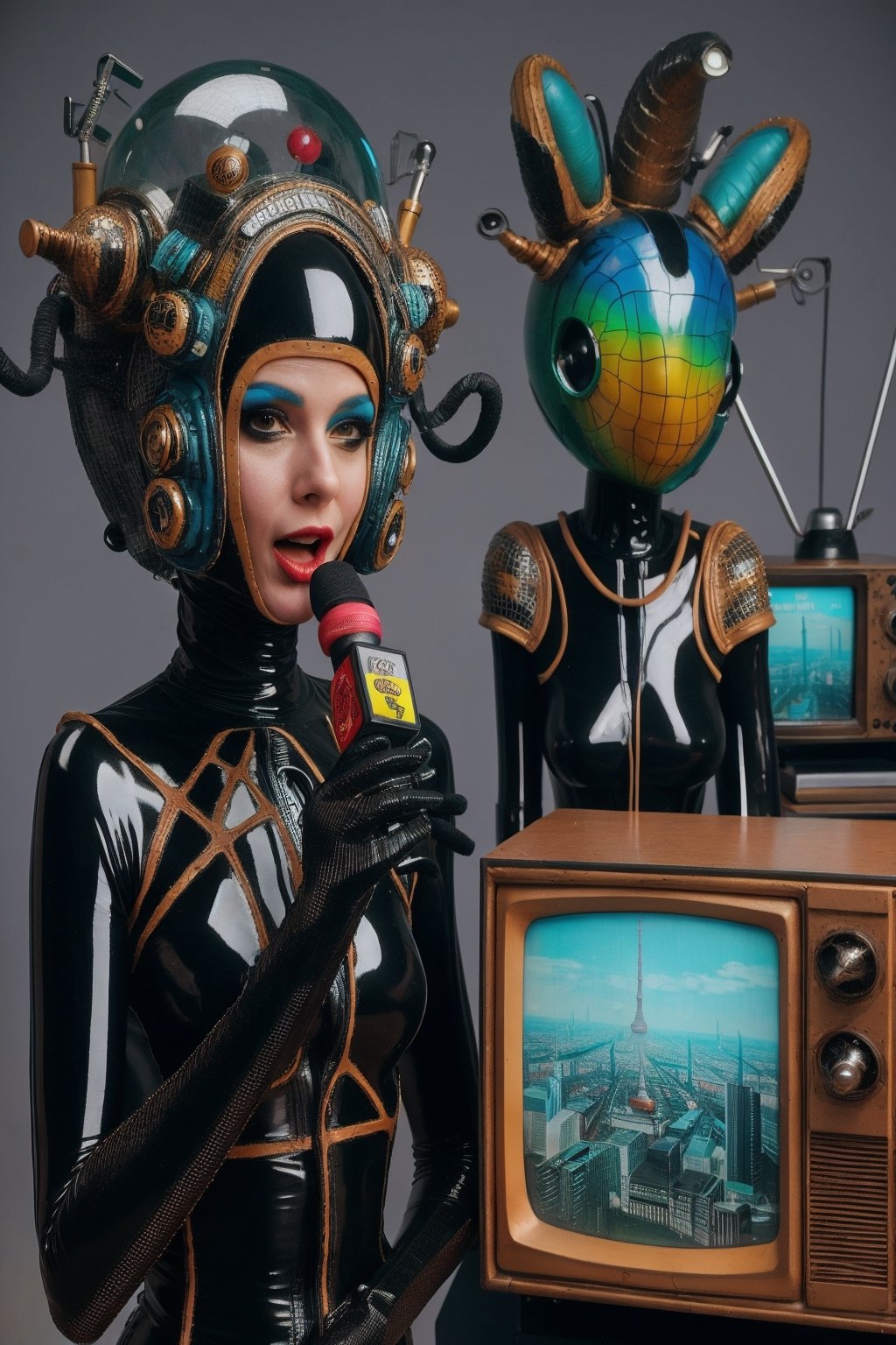 berlin megacity retro-futuristic  host for strange talk show with various guests on television,she is wearing bizarre obscure wholebodyrubbersuitwithaccessories  fashion photo shoot