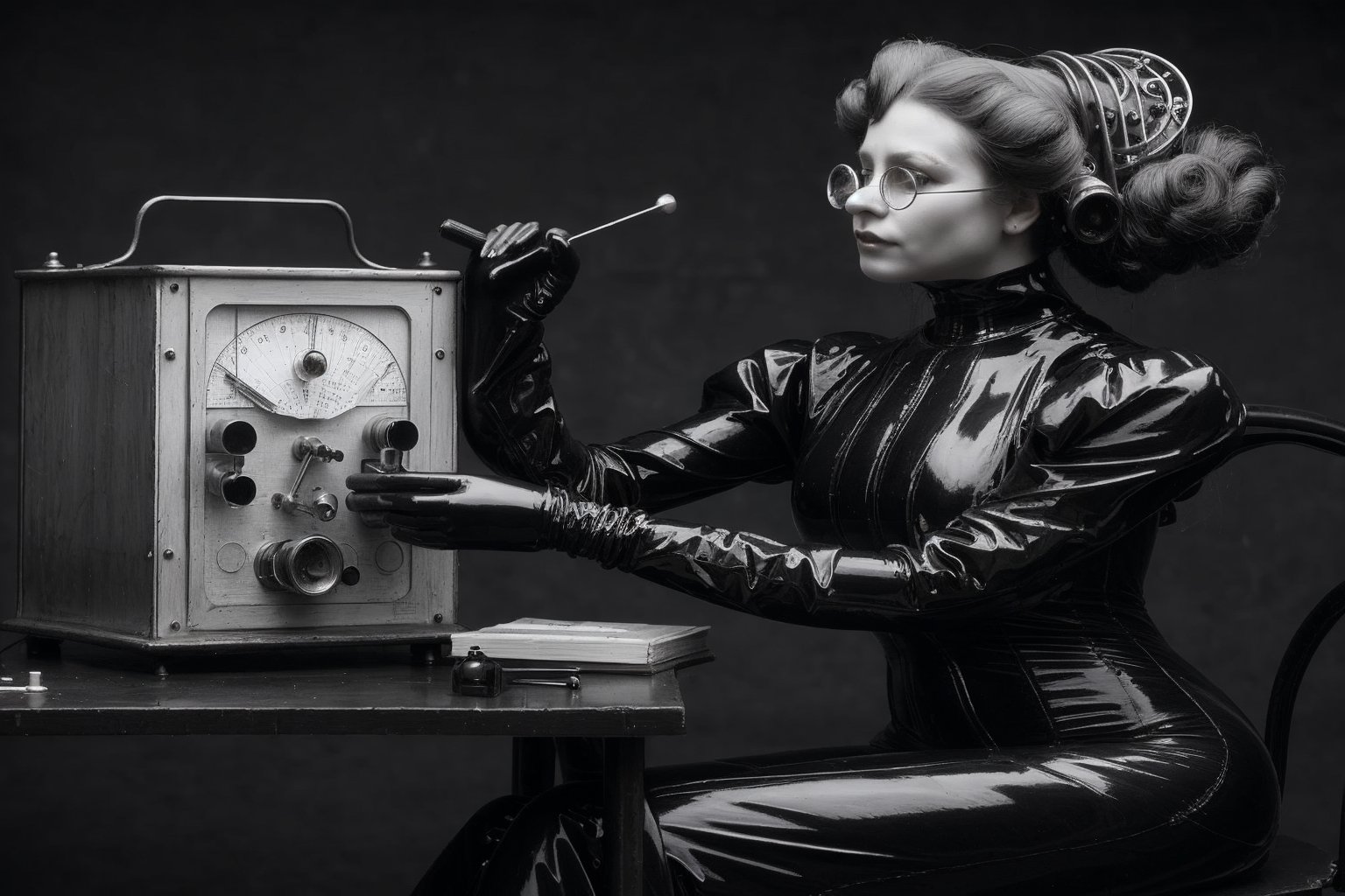 victorian era ladies dressed in rubber full bodysuit with strange metal contraptions and are interested in science