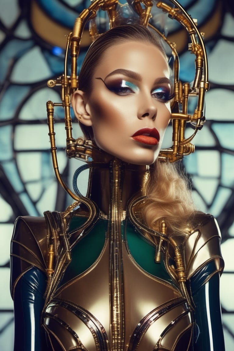 retro-futuristic queen wearing a whole body rubbersuit with metal contraptions and stained glass fashion photo shoot