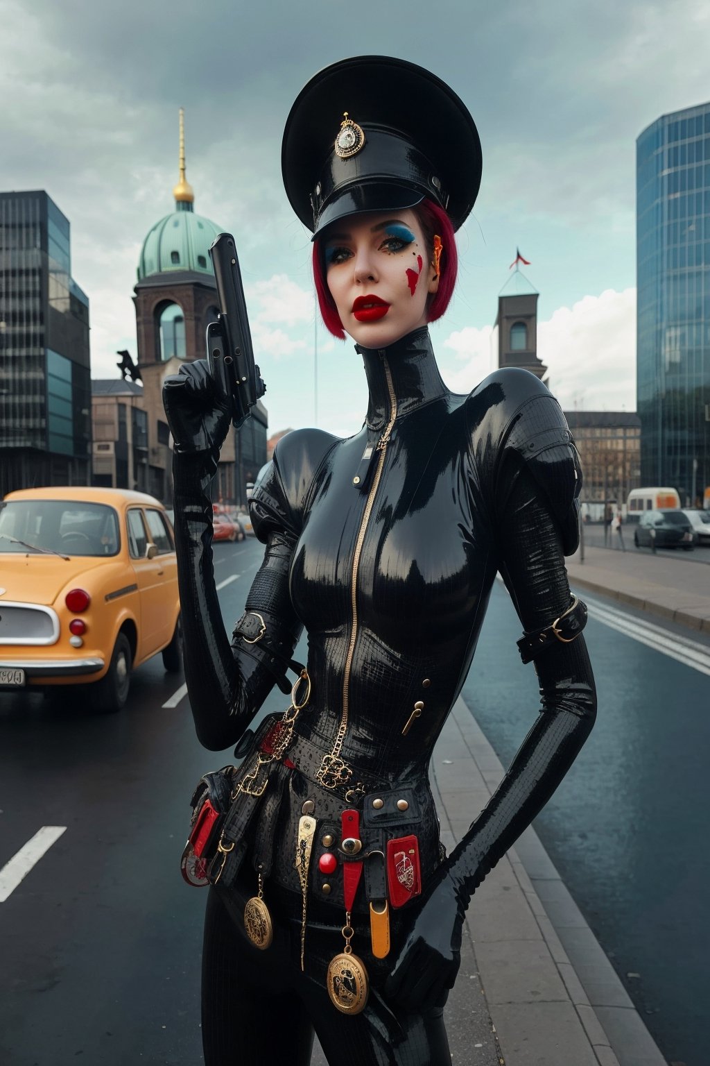 berlin megacity retro-futuristic  gangster ,she is wearing bizarre obscure wholebodyrubbersuitwithaccessories  fashion photo shoot