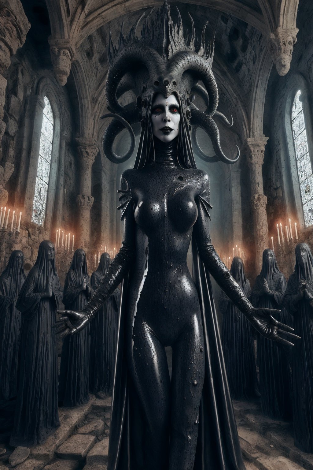 a mixture of lovecraftian horror and dark fantasy style picture of ancient goddess that represents the chaos reborn madam goobash wholebodyrubbersuit in the surroundings of ancient unholy cathedral with her  congregation a fashion photo shoot