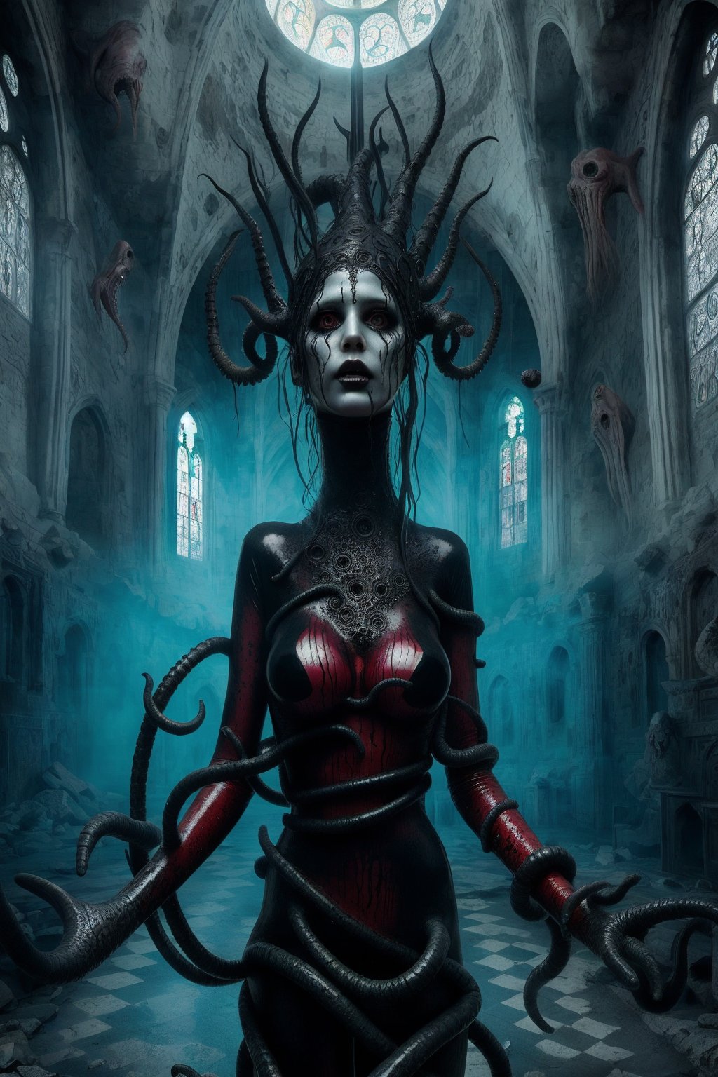 a mixture of lovecraftian horror and dark fantasy style picture of ancient goddess that represents the chaos reborn madam goobash wholebodyrubbersuit in the surroundings of ancient unholy cathedral with her  congregation a fashion photo shoot