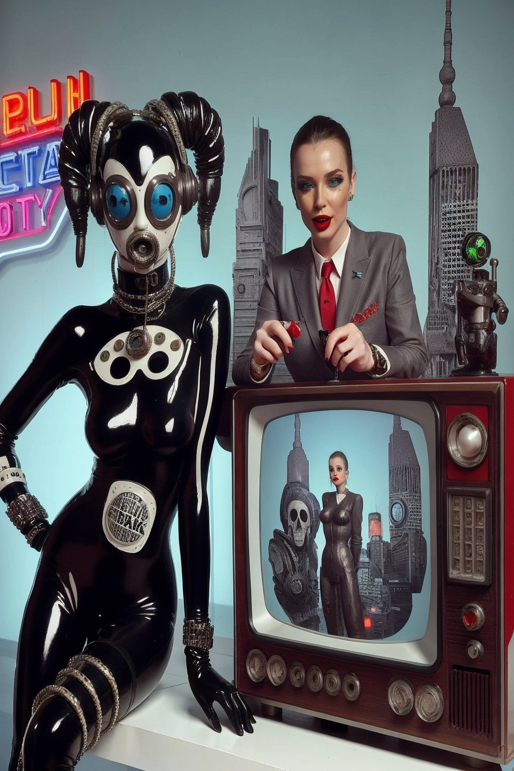 berlin megacity retro-futuristic  host for strange talk show with various guests on television,she is wearing bizarre obscure wholebodyrubbersuitwithaccessories  fashion photo shoot