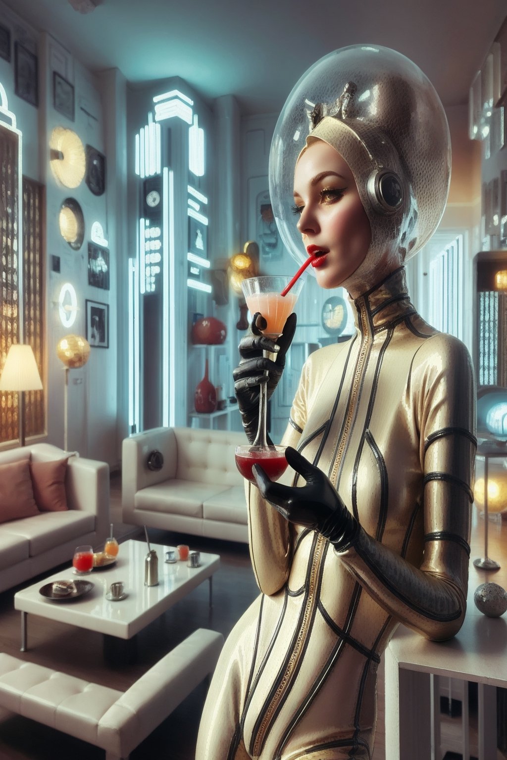 berlin megacity retro-futuristic with styles of jugend and art deco a living room woman enjoying a delicious coctail in stylish surroundings with state of the art furnitures and lights,she is wearing bizarre obscure wholebodyrubbersuitwithaccessories fashion photo shoot
