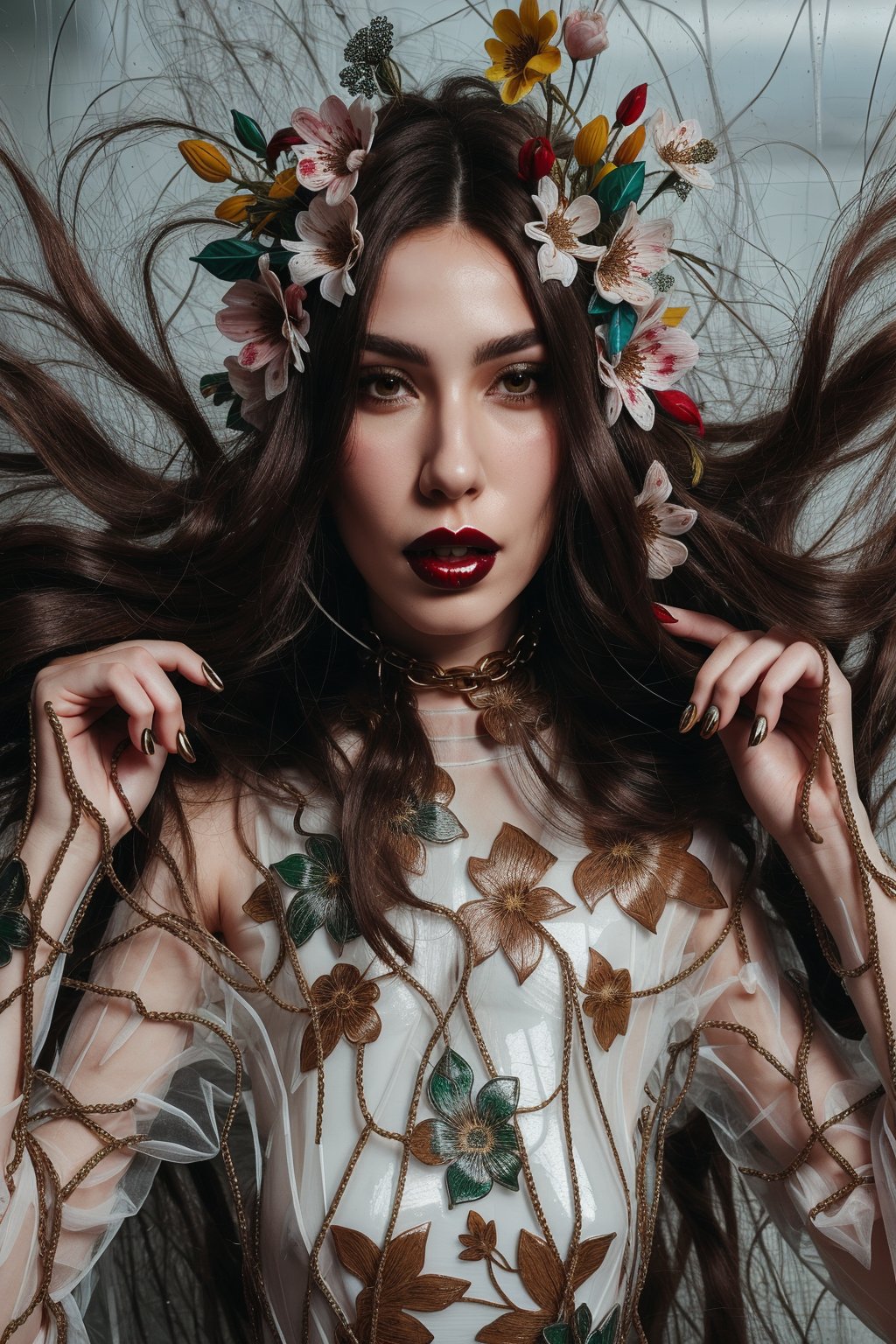 a woman wearing floral dress and long hair open,rubber and rubber like materials,stained glass,metal links and pieces,fashion photo shoot fantasy queen