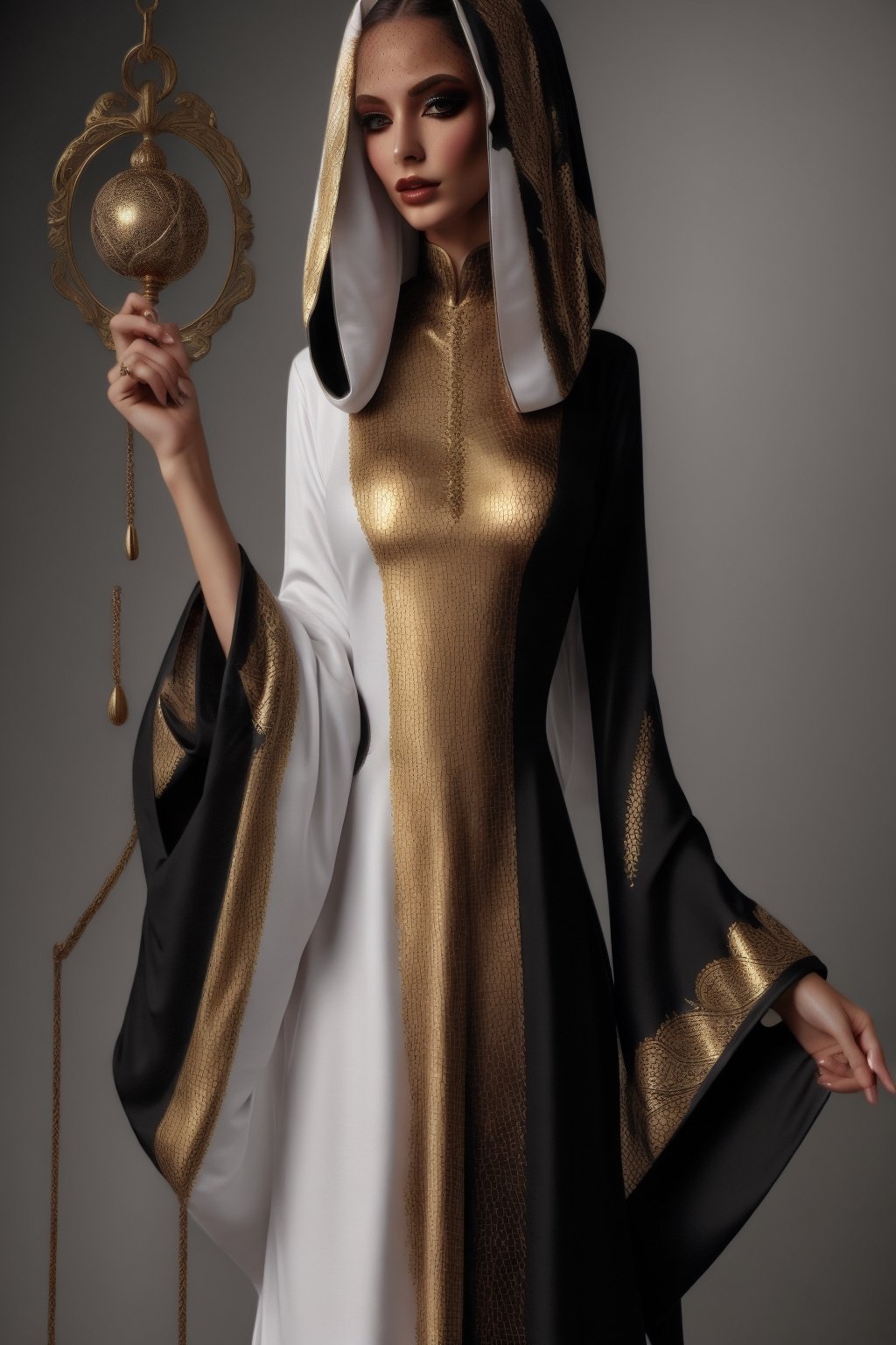 female sorceress mystic robes colored half black and half white with golden outlines fashion photoshoot