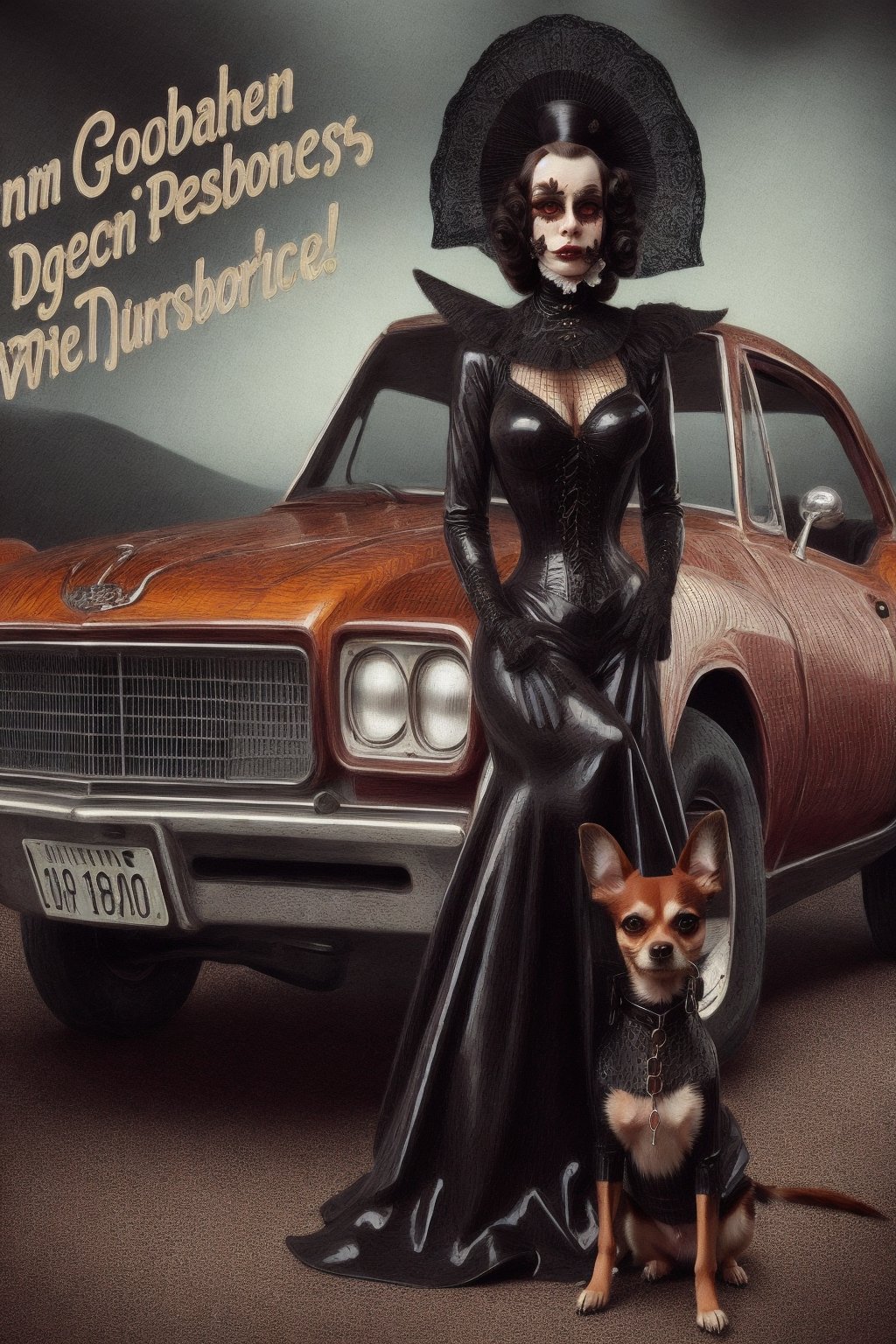 madam goobash and and her demonic chihuahua wearing the latest and greates of fashion in wholebodyrubbersuit victorian era  spicy and juicy 1800´s vintage add