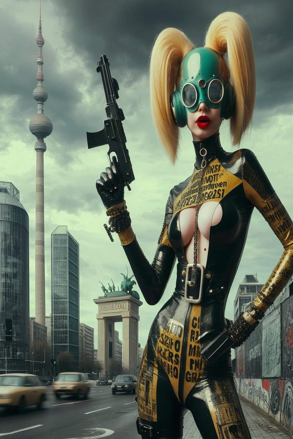 berlin megacity retro-futuristic  gangster ,she is wearing bizarre obscure wholebodyrubbersuitwithaccessories  fashion photo shoot
