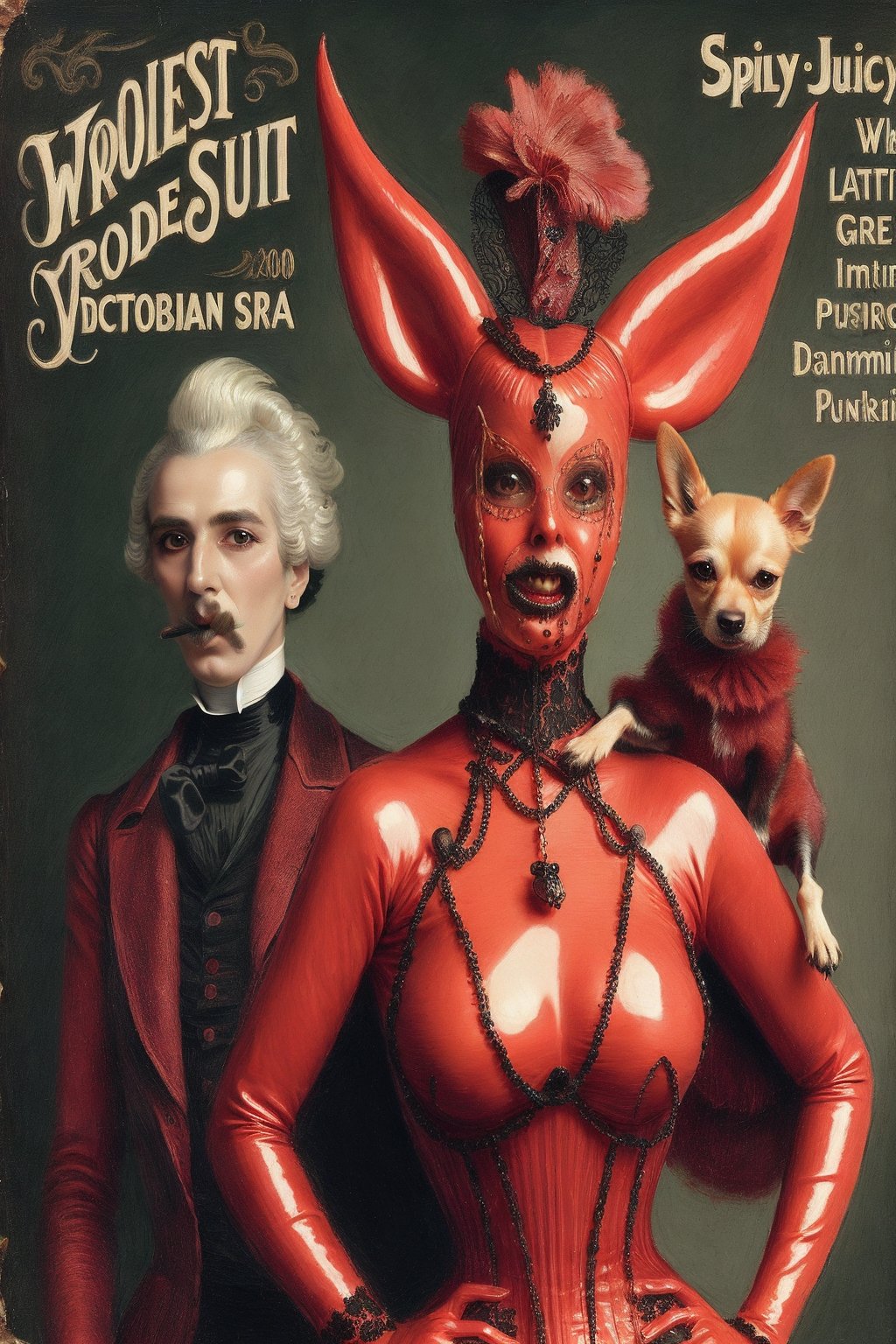 madam goobash and and her demonic chihuahua wearing the latest and greates of fashion in wholebodyrubbersuit victorian era  spicy and juicy 1800´s vintage add