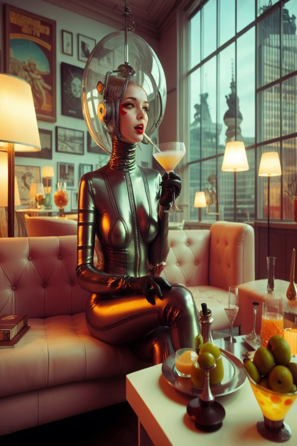 berlin megacity retro-futuristic with styles of jugend and art deco a living room woman enjoying a delicious coctail in stylish surroundings with state of the art furnitures and lights,she is wearing bizarre obscure wholebodyrubbersuitwithaccessories fashion photo shoot