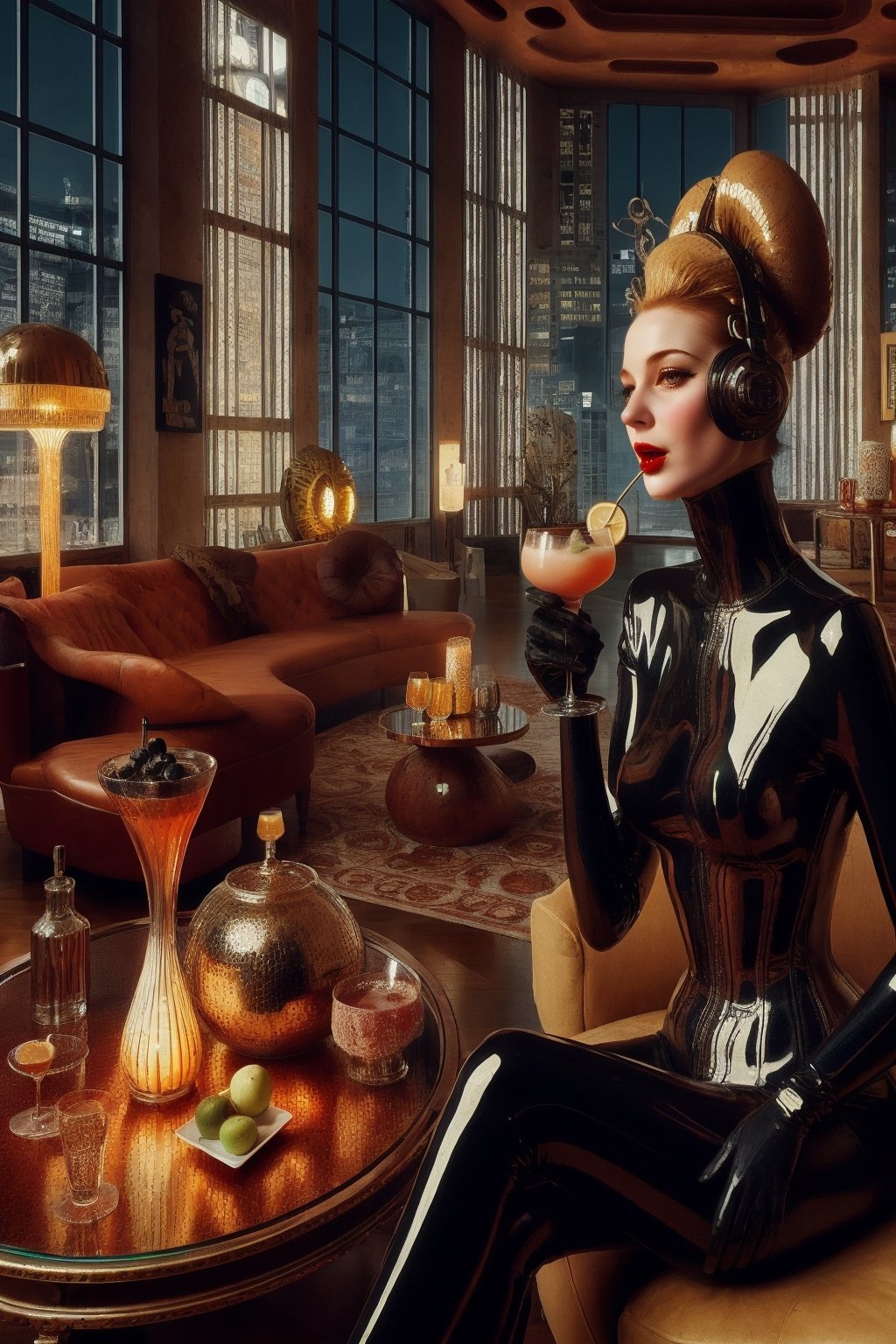 berlin megacity retro-futuristic with styles of jugend and art deco a living room woman enjoying a delicious coctail in stylish surroundings with state of the art furnitures and lights,she is wearing bizarre obscure wholebodyrubbersuitwithaccessories fashion photo shoot