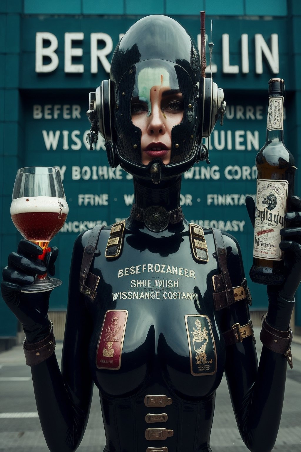 berlin megacity retro-futuristic and a strange aeon bar beer wine and fine whiskeys and coctails,she is wearing bizarre obscure wholebodyrubbersuitwithaccessories  fashion photo shoot