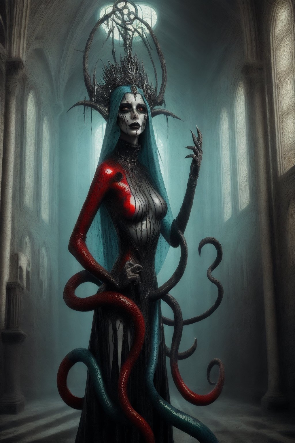 aeon old strange cathedral with occult signs and paintings sinister atmosphere surrounding the area with creepy slithering mist and eerie light a woman wearing black red ice blue and repulsive green wholebodyrubbersuitofaancient priestes with entwined dark metal crown fashion photo shoot becoming lich queen