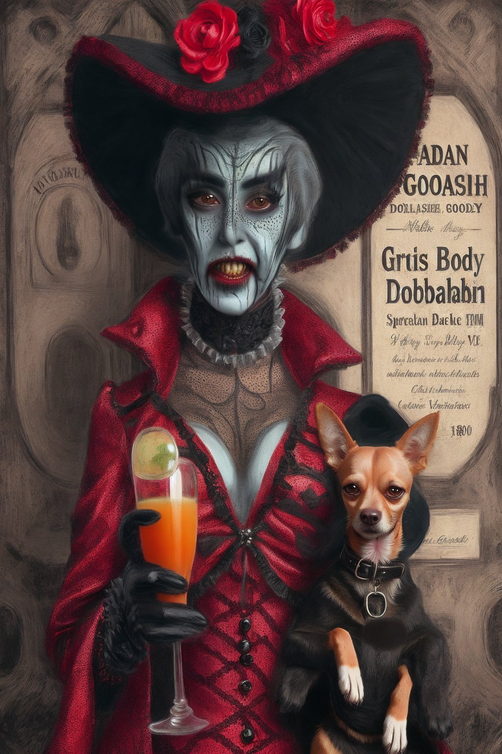 madam goobash and and her demonic chihuahua wearing the latest and greates of fashion in wholebodyrubbersuit victorian era  spicy and juicy 1800´s vintage add