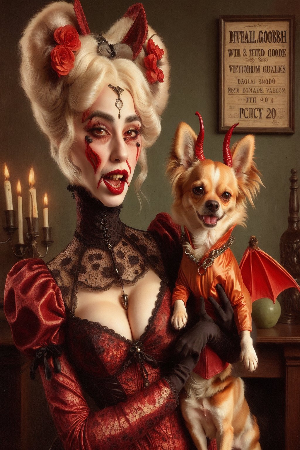 madam goobash and and her demonic chihuahua wearing the latest and greates of fashion in wholebodyrubbersuit victorian era  spicy and juicy 1800´s vintage add