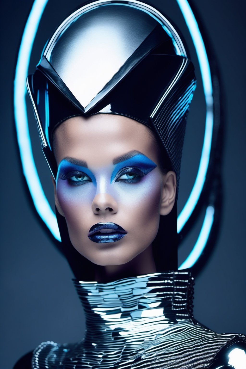 futuristic beautiful woman fashion photo shoot