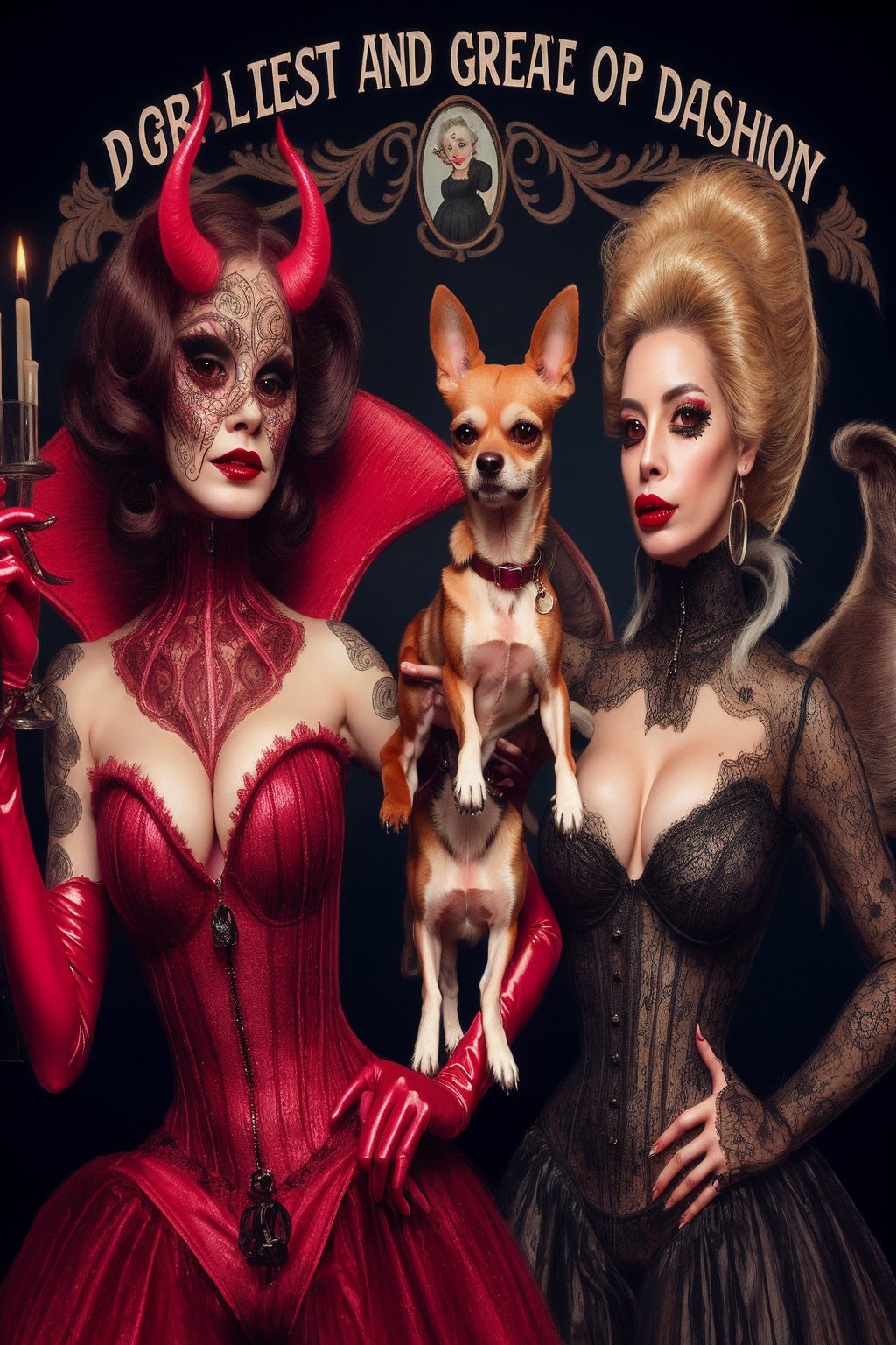 madam goobash and and her demonic chihuahua wearing the latest and greates of fashion in wholebodyrubbersuit girls night out 1800´s vintage add