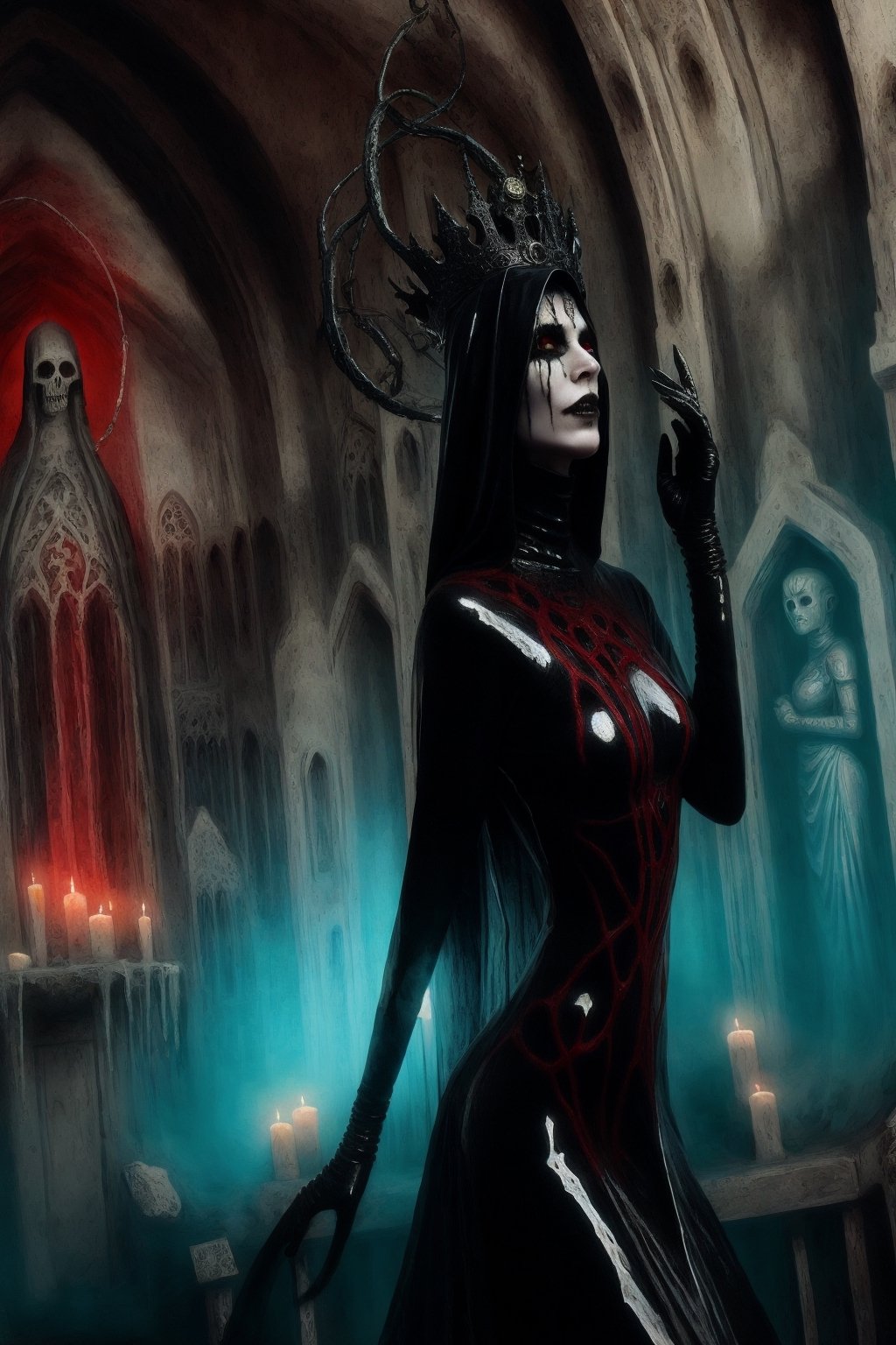 aeon old strange cathedral with occult signs and paintings sinister atmosphere surrounding the area with creepy slithering mist and eerie light a woman wearing black red ice blue and repulsive green wholebodyrubbersuitofaancient priestes with entwined dark metal crown fashion photo shoot becoming lich queen