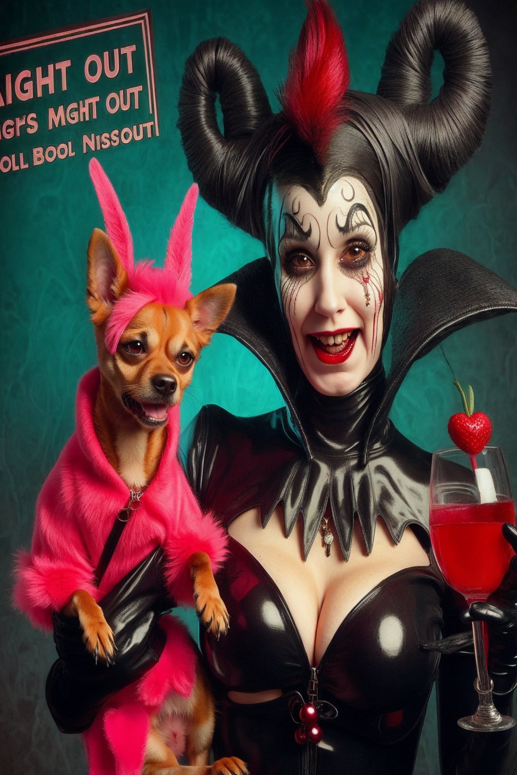 madam goobash and and her demonic chihuahua wearing the latest and greates of fashion in wholebodyrubbersuit girls night out 1800´s vintage add