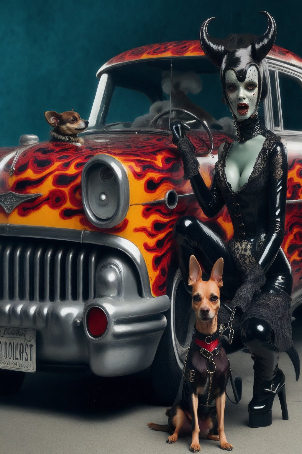 madam goobash and and her demonic chihuahua wearing the latest and greates of fashion in wholebodyrubbersuit victorian era  spicy and juicy 1800´s vintage add