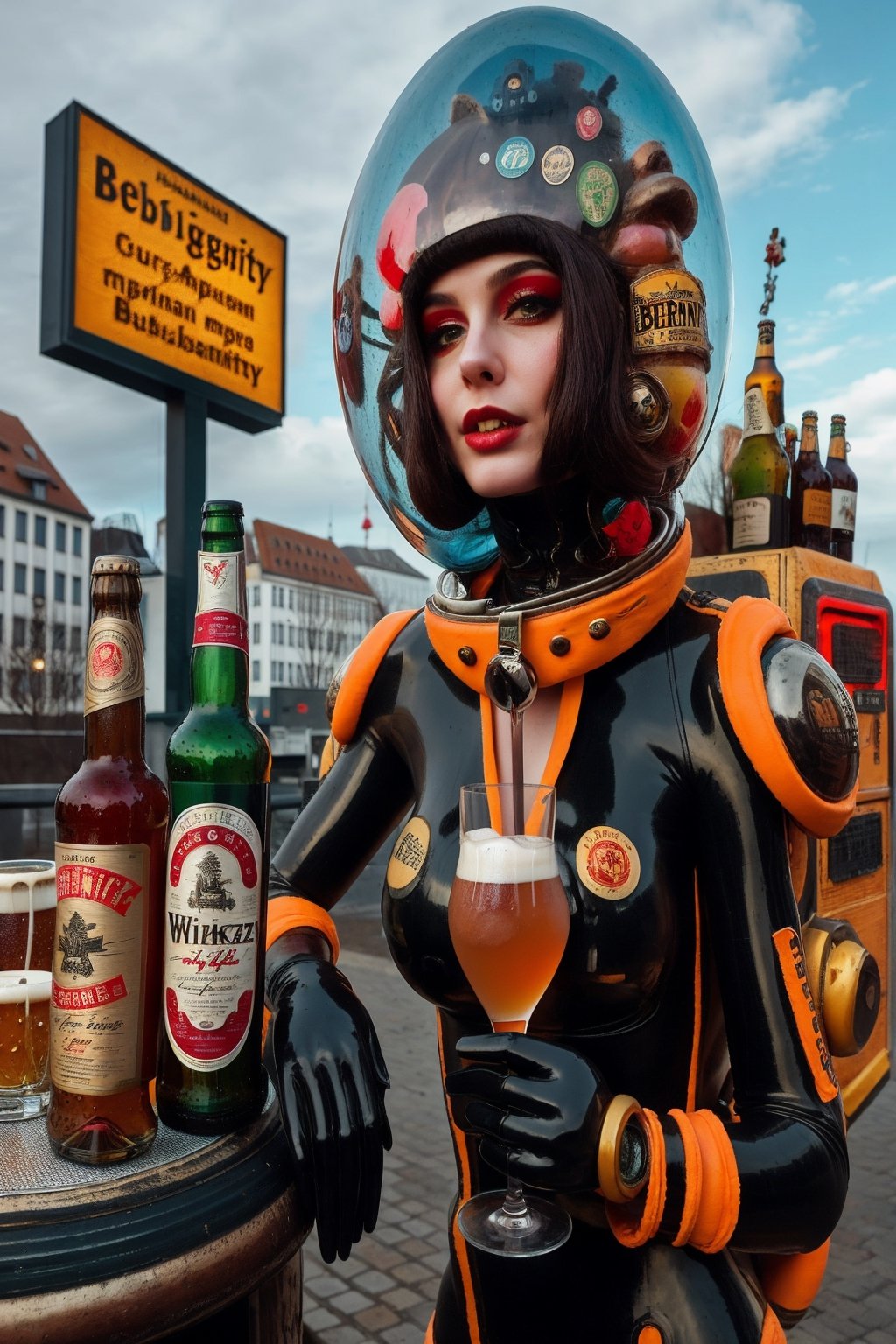 berlin megacity retro-futuristic and a strange aeon bar beer wine and fine whiskeys and coctails,she is wearing bizarre obscure wholebodyrubbersuitwithaccessories  fashion photo shoot