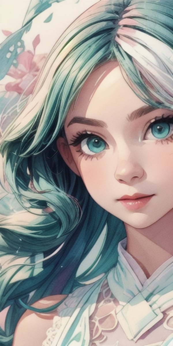 (1cute girl), long aqua curly hair, green eyes, wearing a beautiful pink lace dress. White skin, splat art background, eye_detail, background_detail, face_detail, hair_detail, more_detail, add_detail, adddetailed, cute_face, white_skin, midjourney_style, midjourney_art, full_body, colorful_detail, watercolor_(artwork), light_particles.,1girl