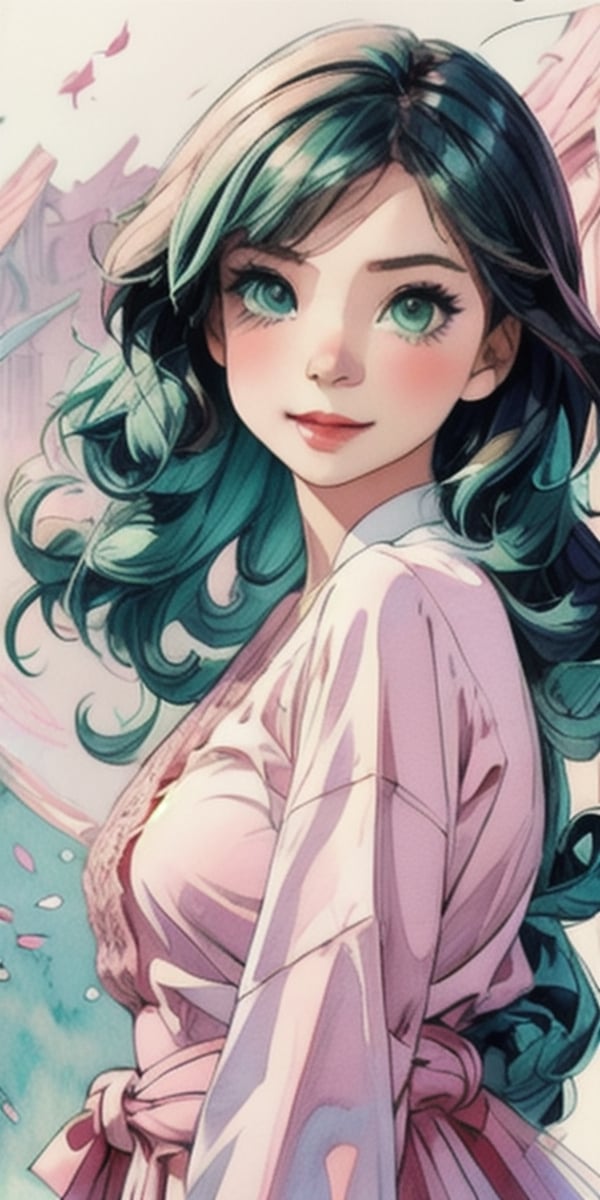 (1cute girl), long aqua curly hair, green eyes, wearing a beautiful pink lace dress. White skin, splat art background, eye_detail, background_detail, face_detail, hair_detail, more_detail, add_detail, adddetailed, cute_face, white_skin, midjourney_style, midjourney_art, full_body, colorful_detail, watercolor_(artwork), light_particles.,1girl