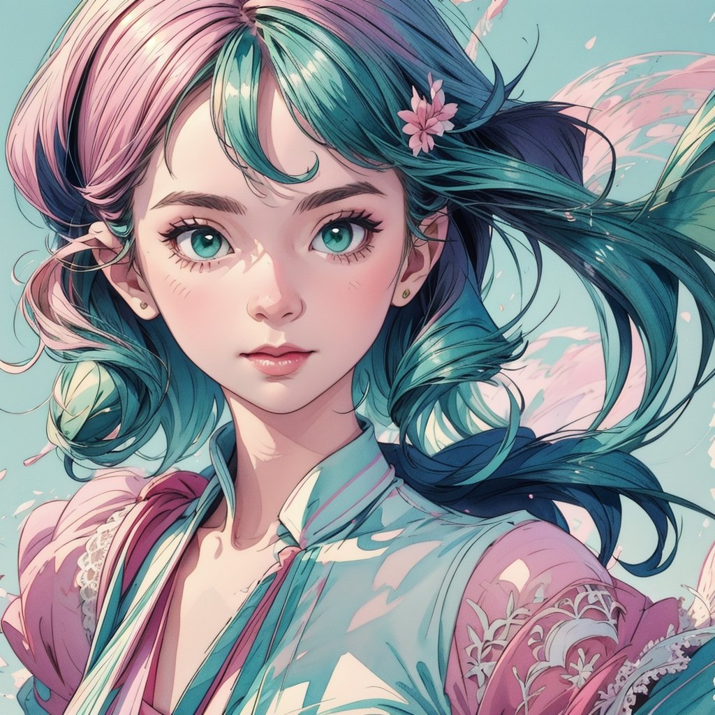 (1cute girl), long aqua curly hair, green eyes, wearing a beautiful pink lace dress. White skin, splat art background, eye_detail, background_detail, face_detail, hair_detail, more_detail, add_detail, adddetailed, cute_face, white_skin, midjourney_style, midjourney_art, full_body, colorful_detail, watercolor_(artwork), light_particles.,1girl