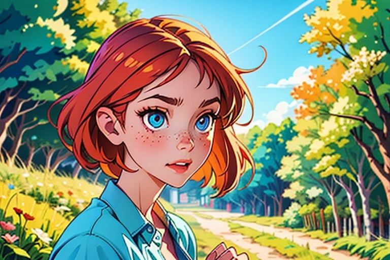A girl in a sunlit forest, framed by an orange backdrop. Her fair skin glows, hazel eyes reflecting nature's hues, and chestnut hair dances like flames. She wears colors that harmonize, a wisp of hair swaying. Freckles adorn her cheeks like constellations. Her eyes, a focal point, convey unspoken emotions. With a basket of wildflowers in hand, she's connected to nature. Light and shadow play, adding depth to this captivating 8K masterpiece.